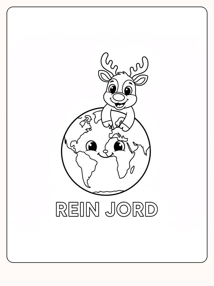 Tegning til farvelægning af et rensdyr, der sidder på en glad jordklode, med teksten 'RENSDYR JORD'