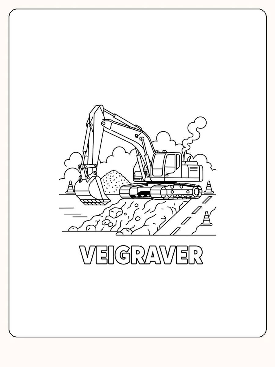 Tegning til farvelægning af en gravemaskine, der er i gang med at arbejde