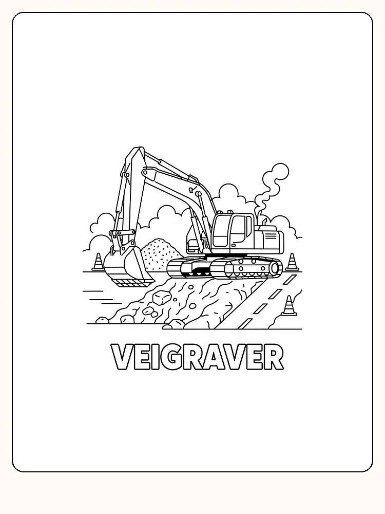 Tegning til farvelægning af en gravemaskine, der er i gang med at arbejde