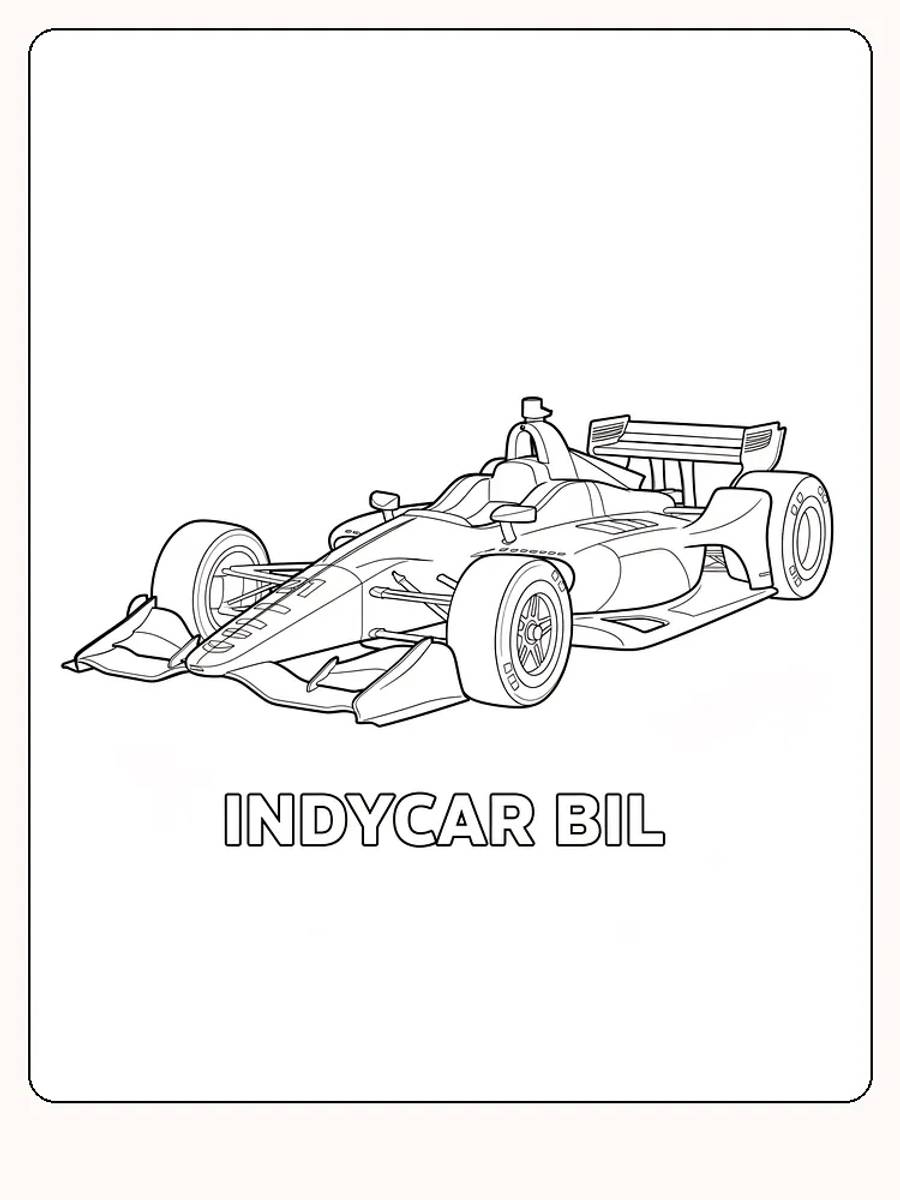 Detaljeret tegning af en Indycar-bil, klar til print og farvelægning