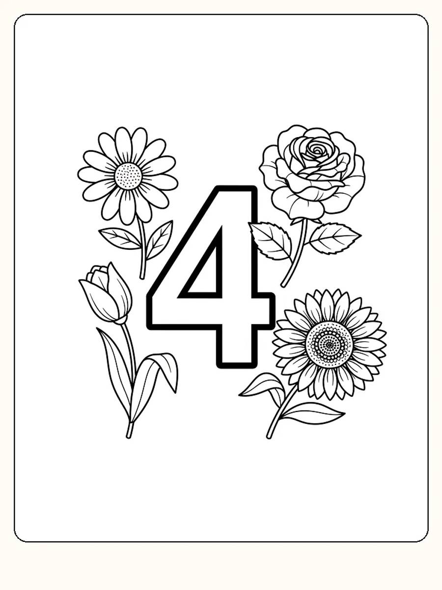 Ausmalbild des Zahl 4, umgeben von Blumen wie Sonnenblumen und Rosen.