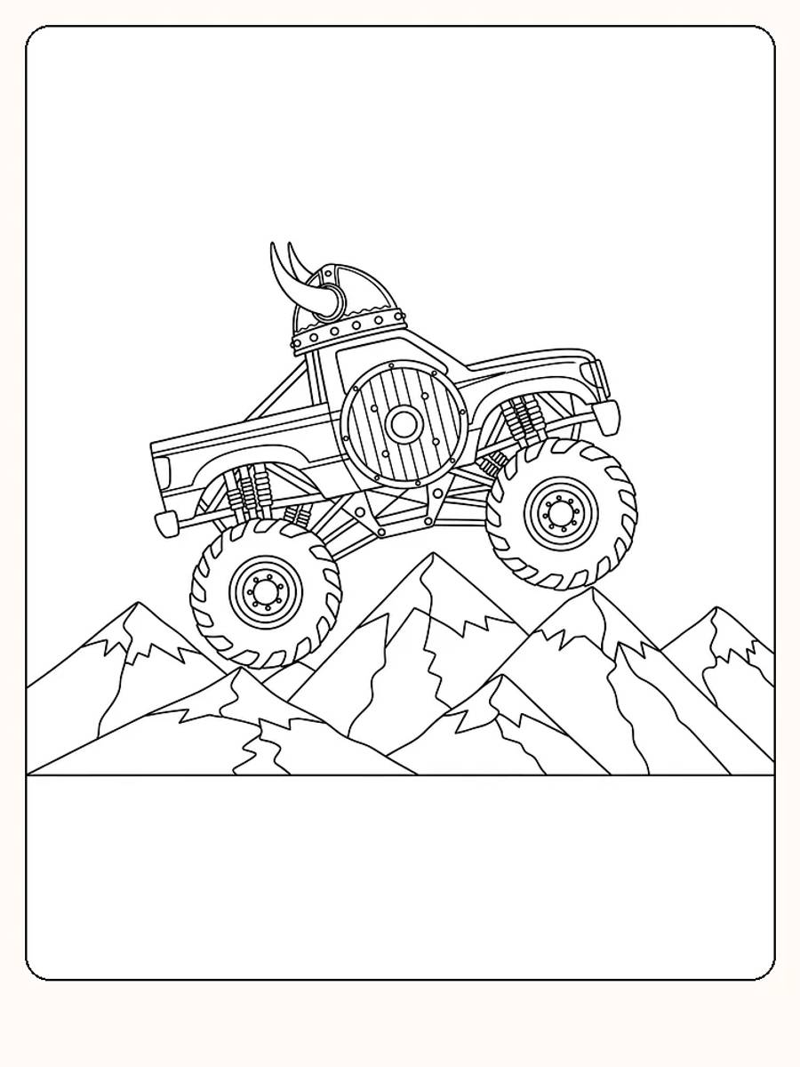 Fargeleggingstegning av monstertruck med vikingtema, hoppende over fjell