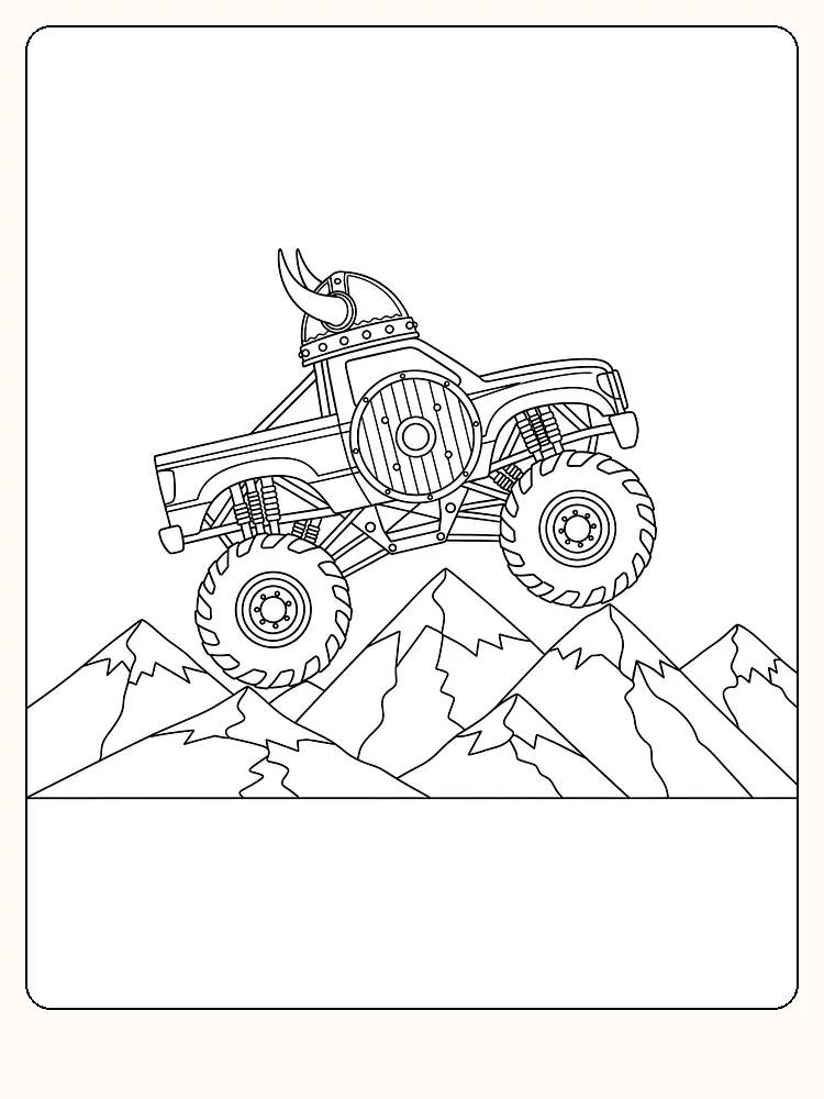 Fargeleggingstegning av monstertruck med vikingtema, hoppende over fjell