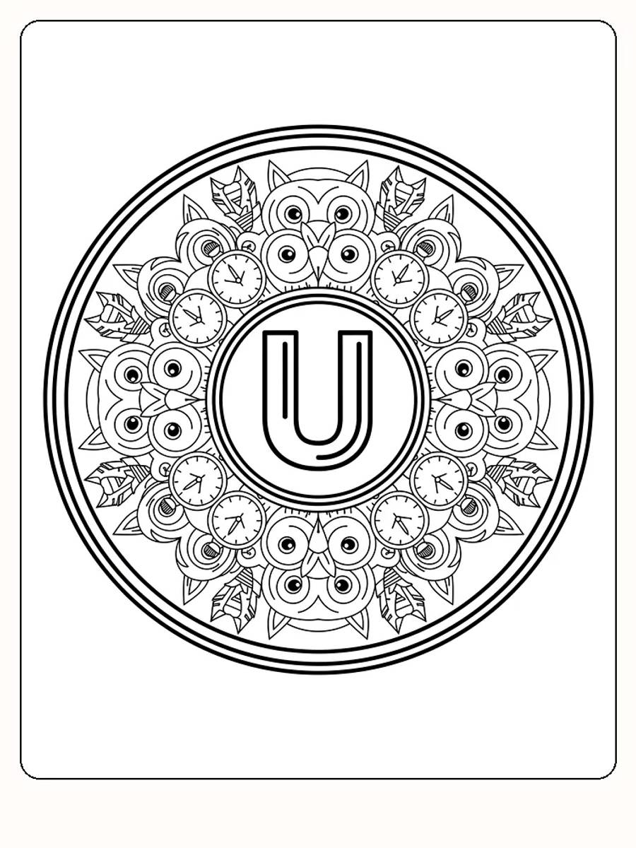 Detaljert mandala med ugler, urer og blader for fargelegging