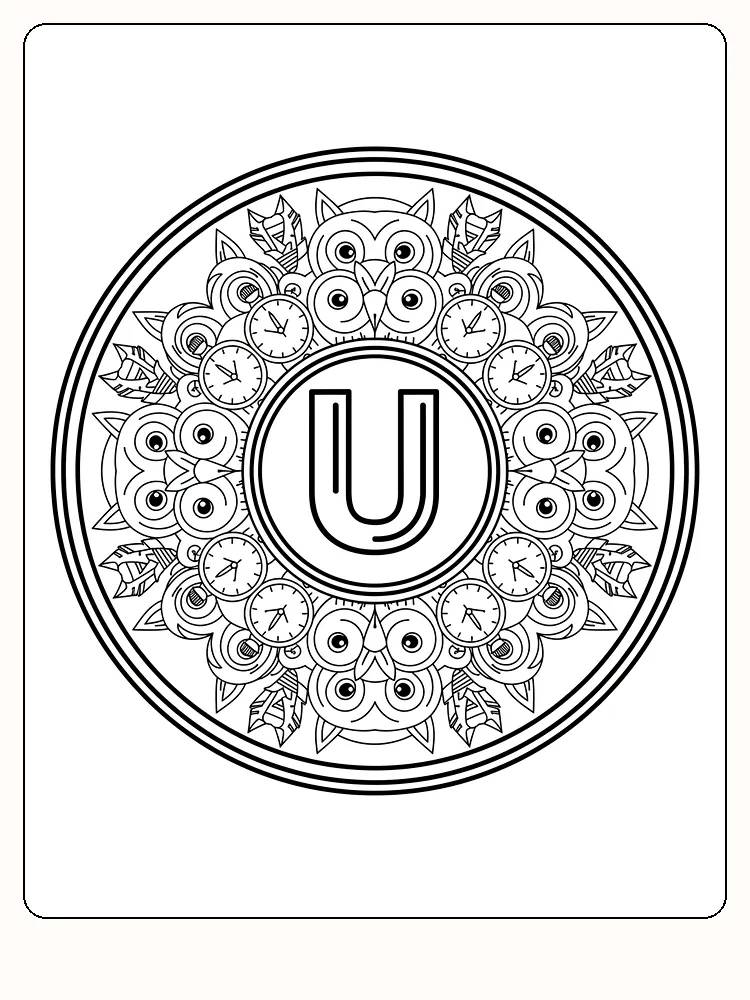 Detaljert mandala med ugler, urer og blader for fargelegging