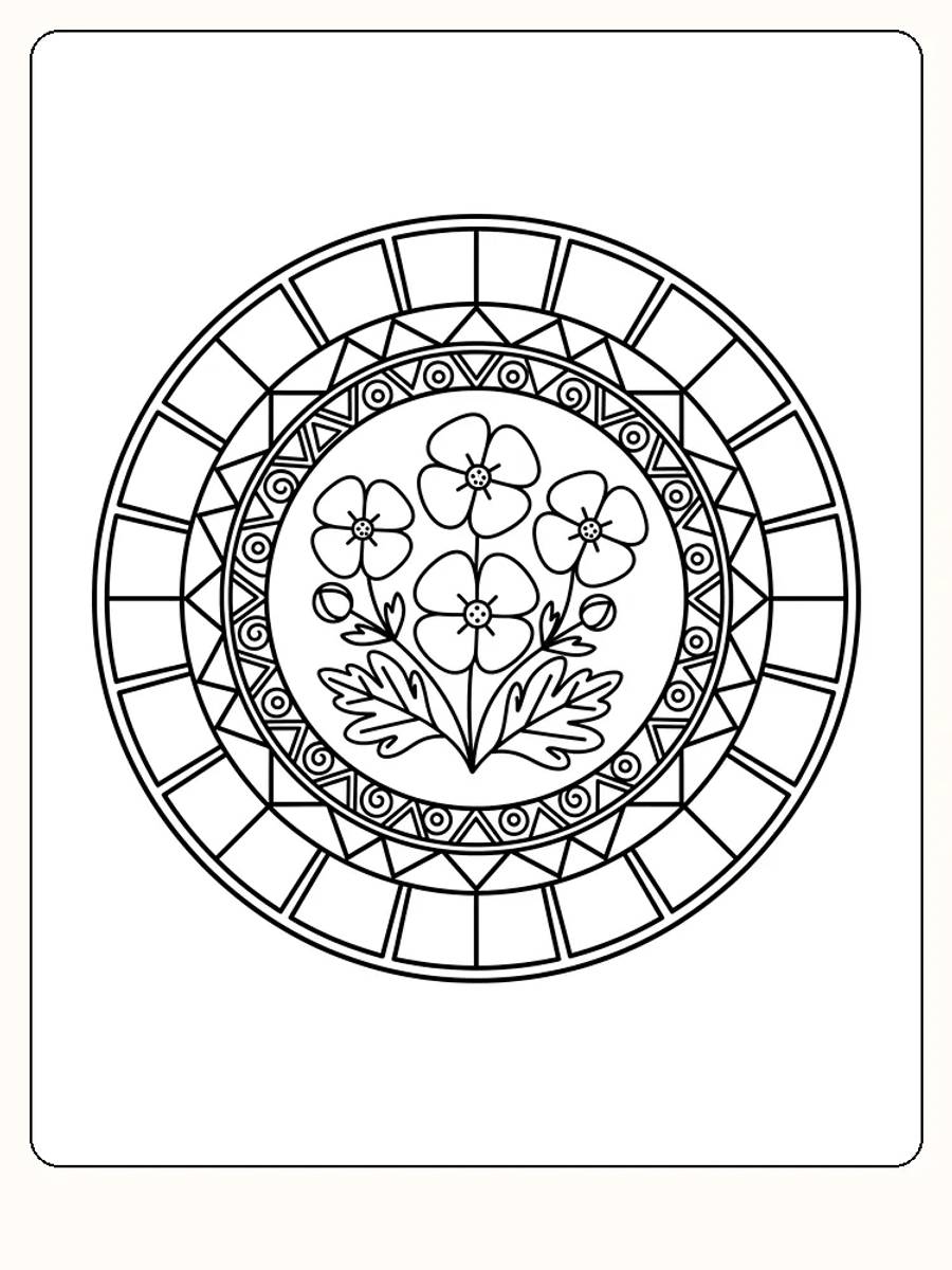 Ausmalbild mit Blumenmotiv in einem Kreis-Mandala, detailliertes Design