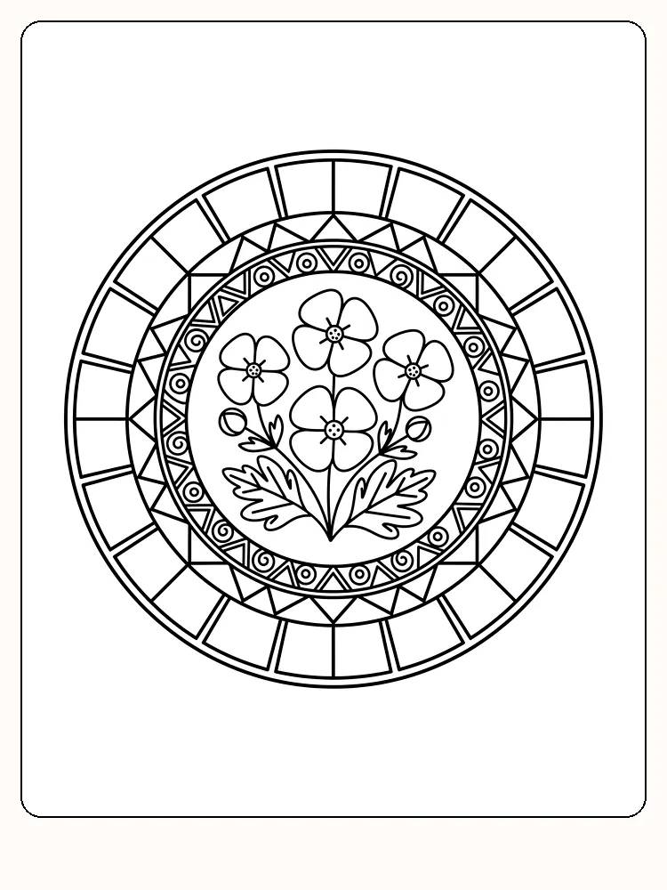 Ausmalbild mit Blumenmotiv in einem Kreis-Mandala, detailliertes Design