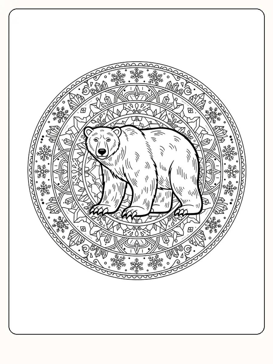 Fargeleggingsbilde av isbjørn omgitt av detaljert mandala, klar for utskrift