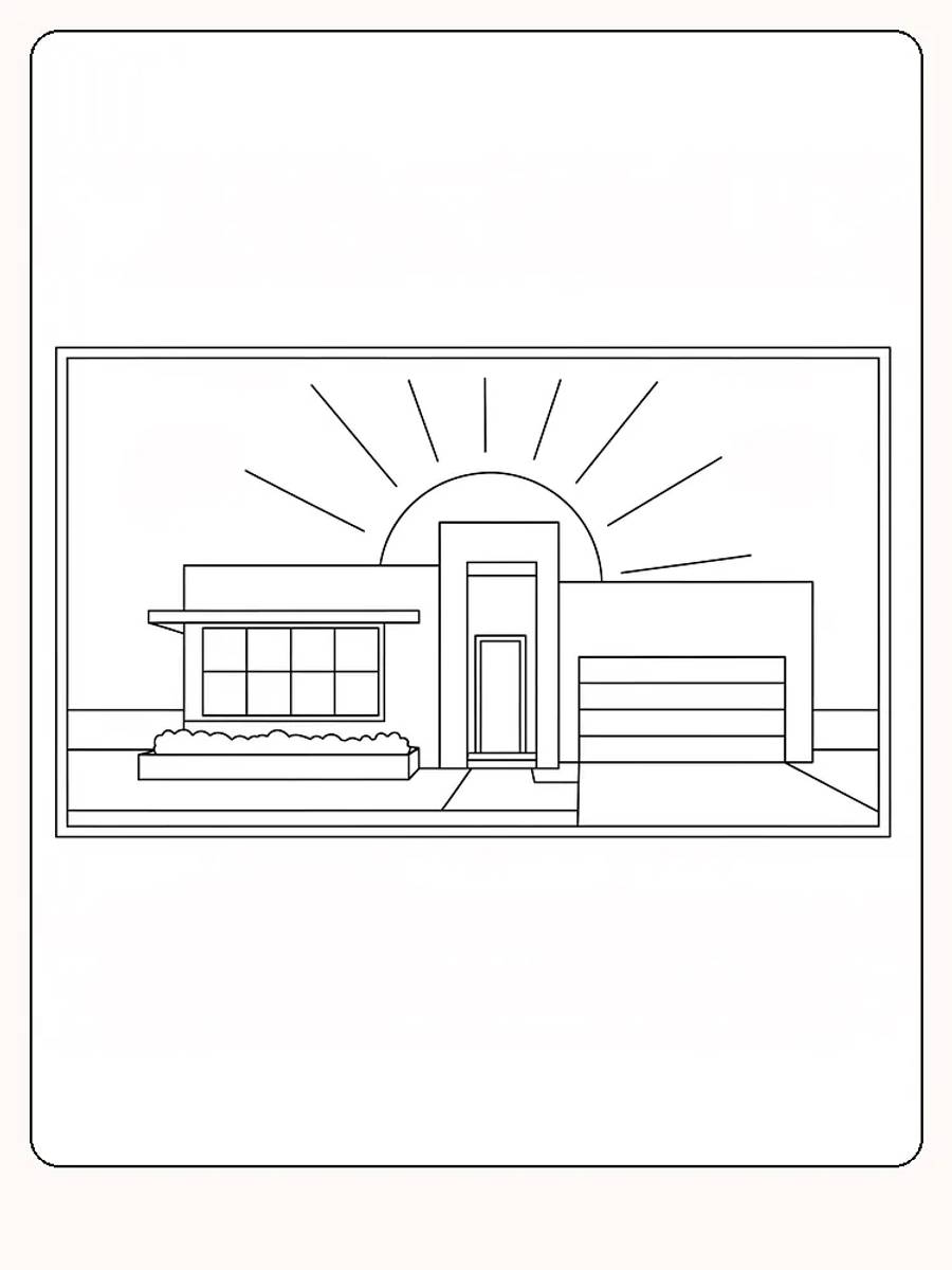 Tegning til farvelægning af et moderne hus med solnedgang i baggrunden, klar til print