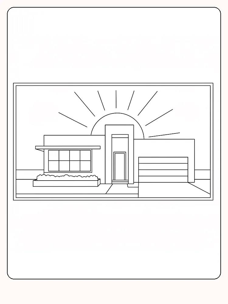 Tegning til farvelægning af et moderne hus med solnedgang i baggrunden, klar til print