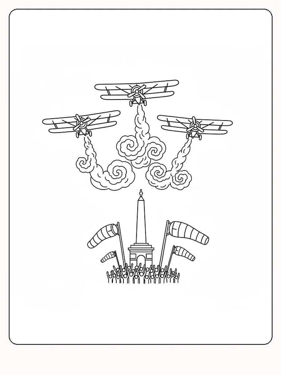 Målarbild av flyguppvisning över ett monument omgiven av flaggor, klart för utskrift.