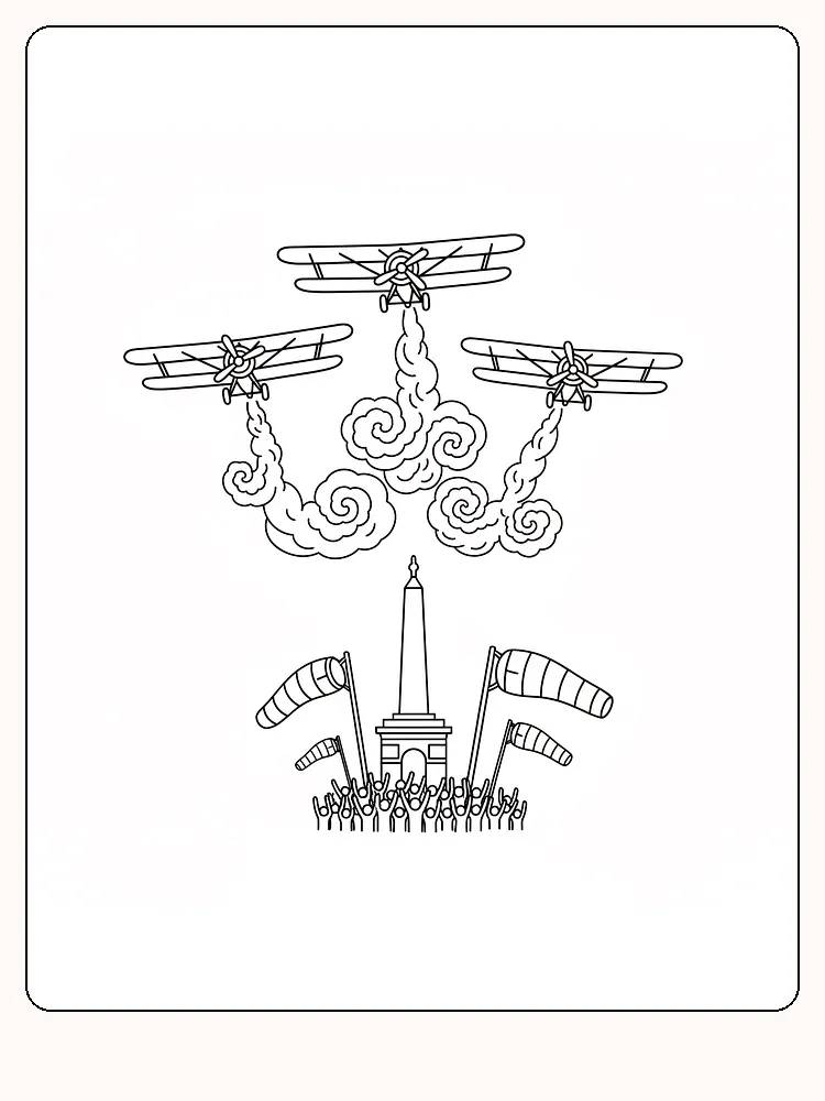 Målarbild av flyguppvisning över ett monument omgiven av flaggor, klart för utskrift.