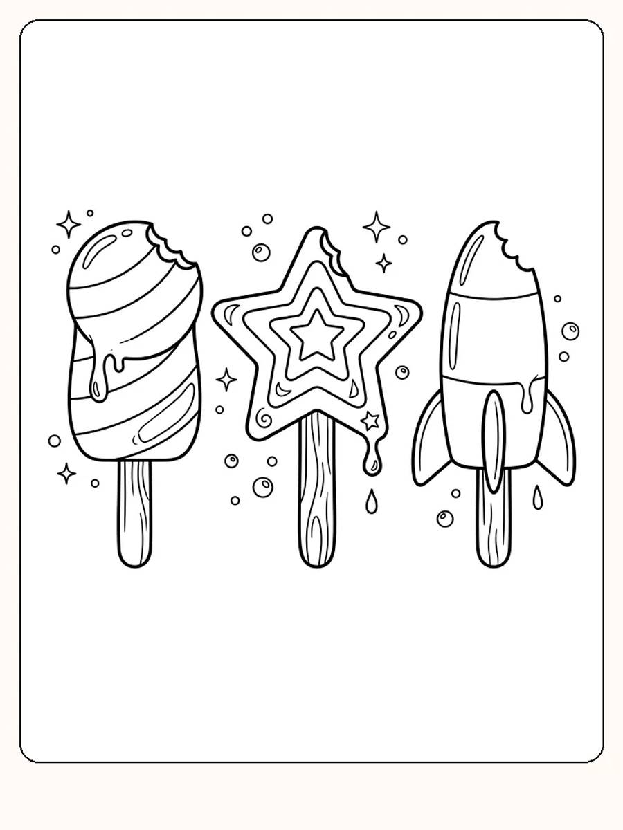 Trois glaces sur bâtonnet de bois : une ronde à rayures, une étoile et une fusée, entourées d'étoiles scintillantes, de bulles et de gouttes