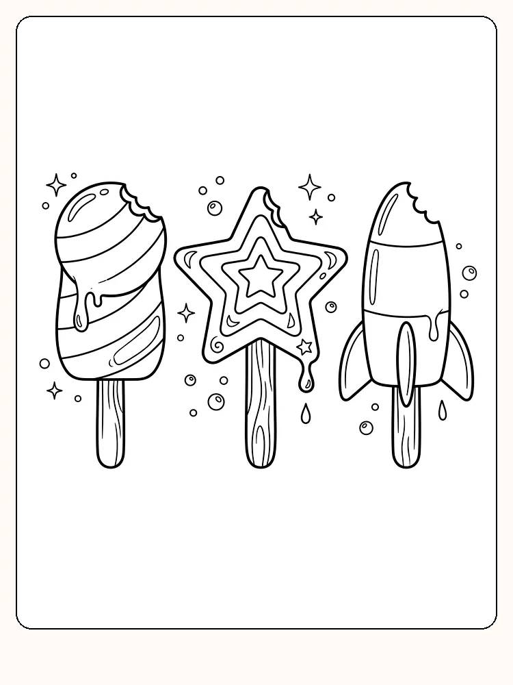 Trois glaces sur bâtonnet de bois : une ronde à rayures, une étoile et une fusée, entourées d'étoiles scintillantes, de bulles et de gouttes