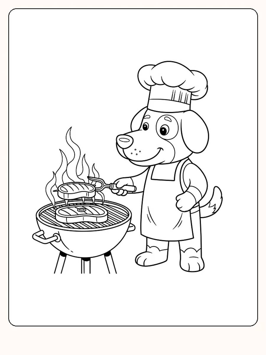 Fargelegging av en hund med kokkelue som griller kjøttstykker på grillen, klar for nedlasting
