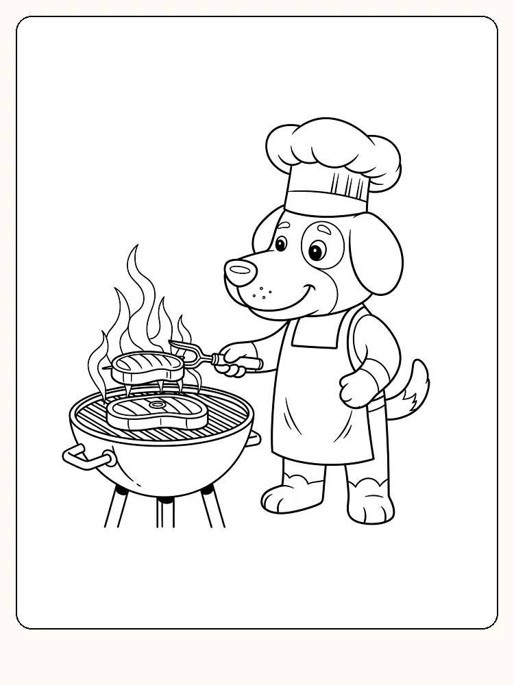 Fargelegging av en hund med kokkelue som griller kjøttstykker på grillen, klar for nedlasting