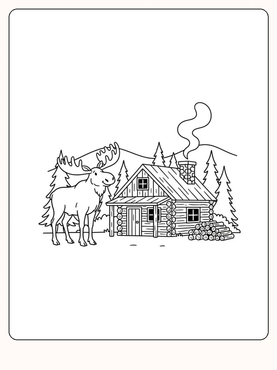Tegning til farvelægning af en elg ved en træhytte omgivet af skov, klar til print.