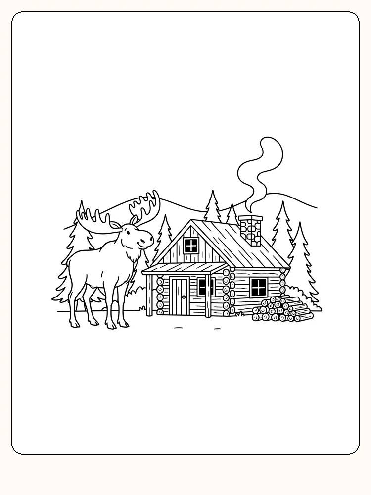 Tegning til farvelægning af en elg ved en træhytte omgivet af skov, klar til print.
