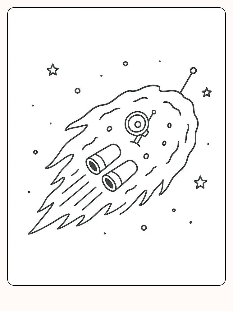 Målarbild av ett rymdskepp som flyger genom rymden, redo för utskrift.