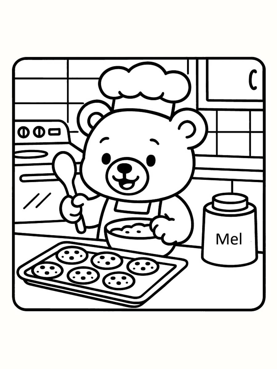 Tegning til farvelægning af en bamse, der bager i køkkenet, med en bageplade, klar til print