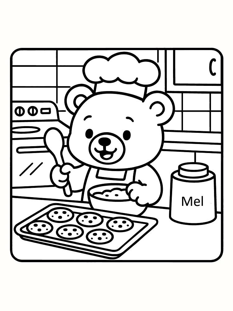 Tegning til farvelægning af en bamse, der bager i køkkenet, med en bageplade, klar til print