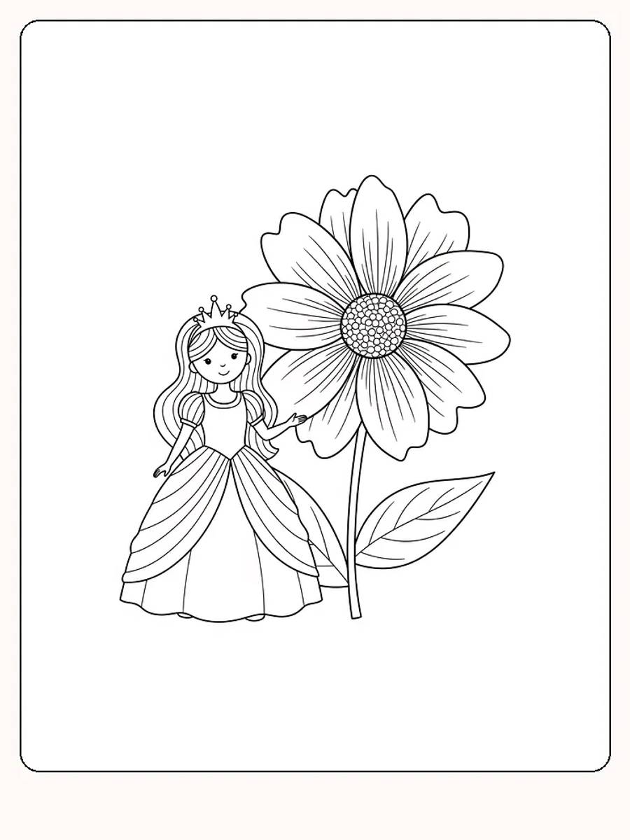 Fargeleggingstegning av en prinsesse ved siden av en stor blomst, klar for utskrift
