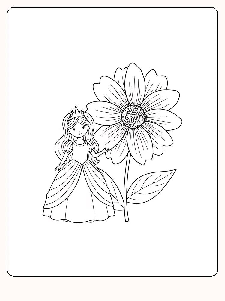 Fargeleggingstegning av en prinsesse ved siden av en stor blomst, klar for utskrift