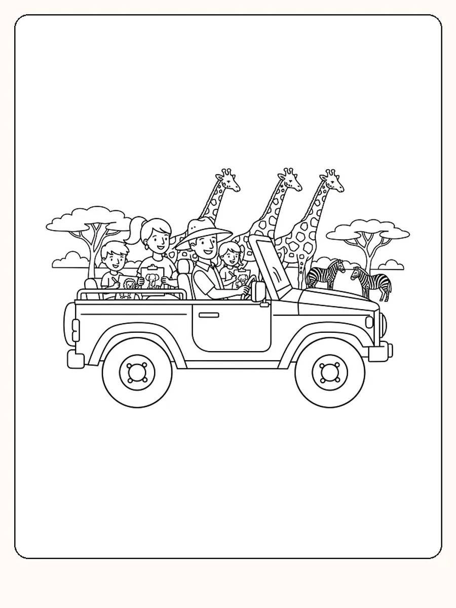 Familie på safari i bil omgivet af giraffer og zebraer, klar til farvelægning
