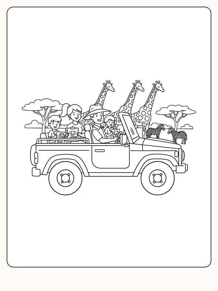Familie på safari i bil omgivet af giraffer og zebraer, klar til farvelægning
