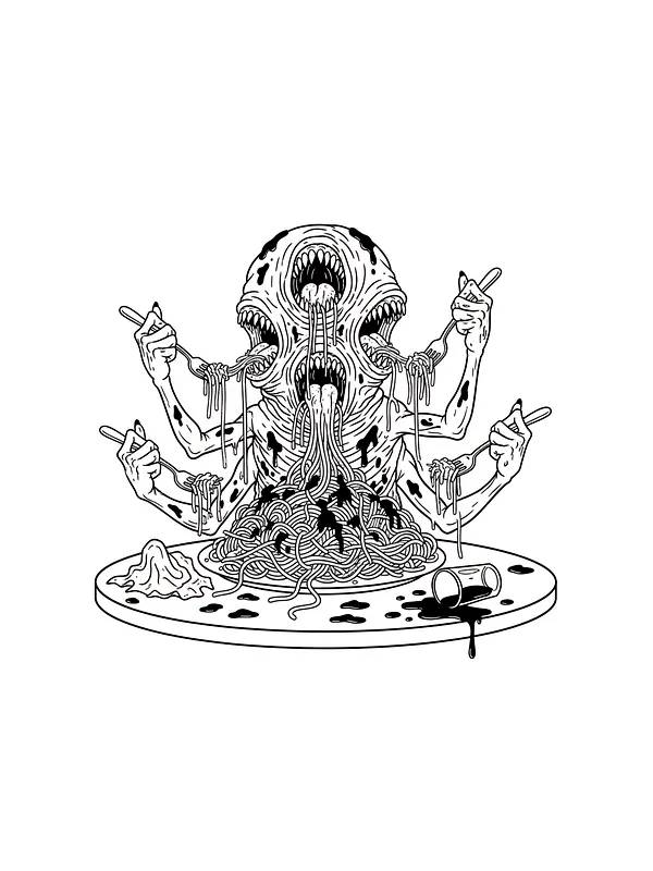 Monster, der spiser spaghetti