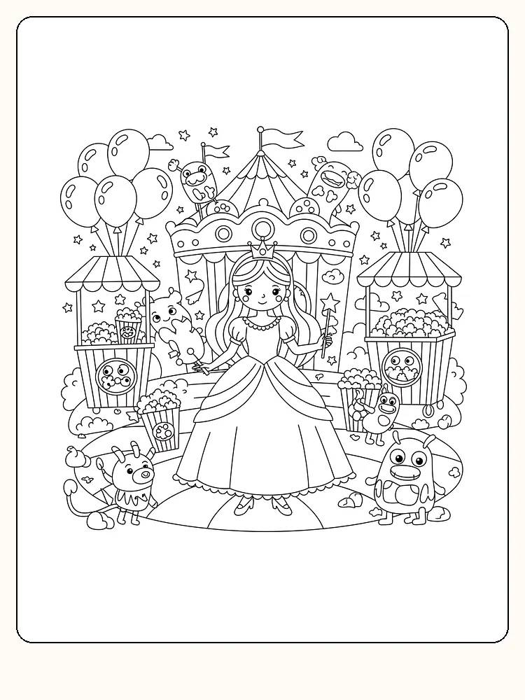 Fargelegging av prinsesse ved karusell med ballonger og dyr, klar for utskrift