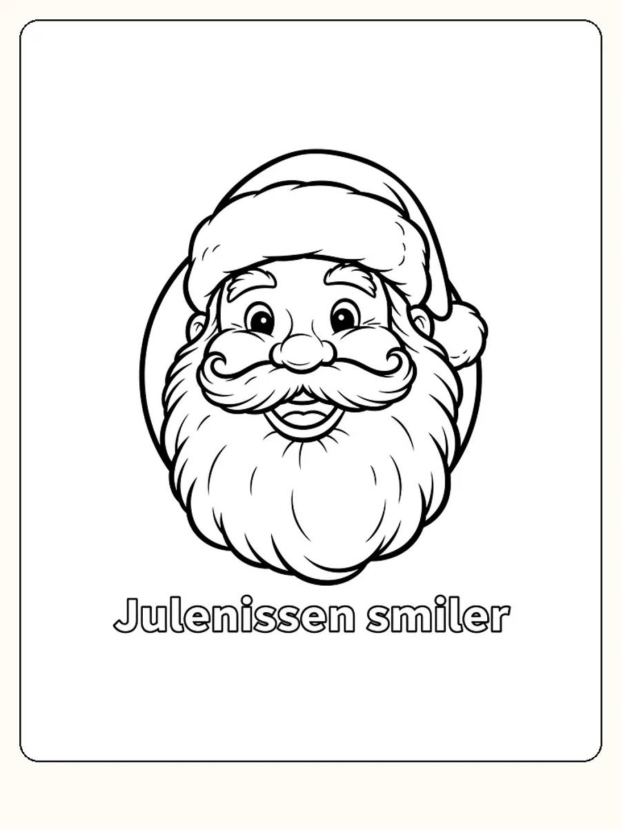 Tegning til farvelægning af et smilende julemandshoved med nissehue og tekst