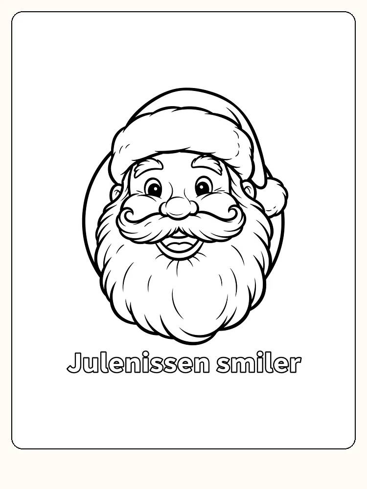 Tegning til farvelægning af et smilende julemandshoved med nissehue og tekst