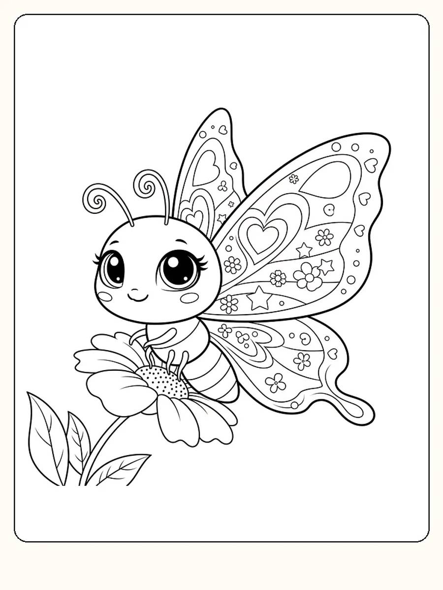 Tegning til farvelægning af en kawaii-sommerfugl, der sidder på en blomst, med detaljerede mønstre på vingerne
