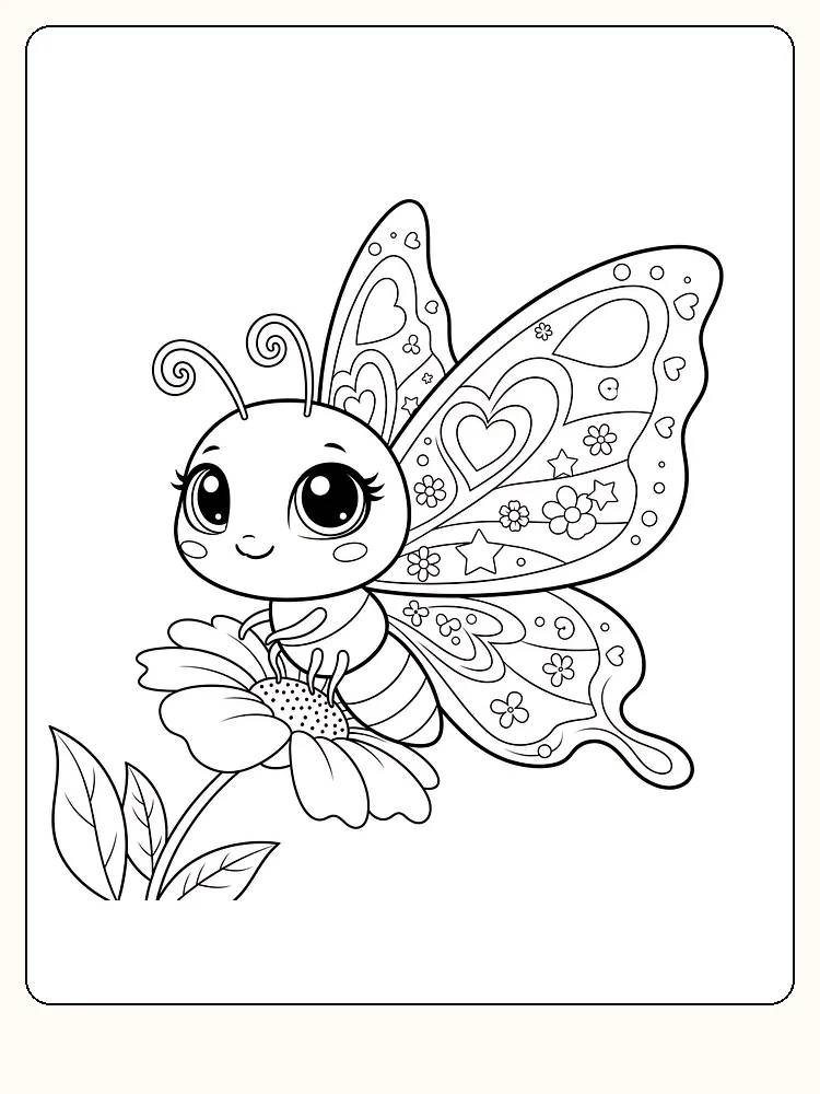 Tegning til farvelægning af en kawaii-sommerfugl, der sidder på en blomst, med detaljerede mønstre på vingerne