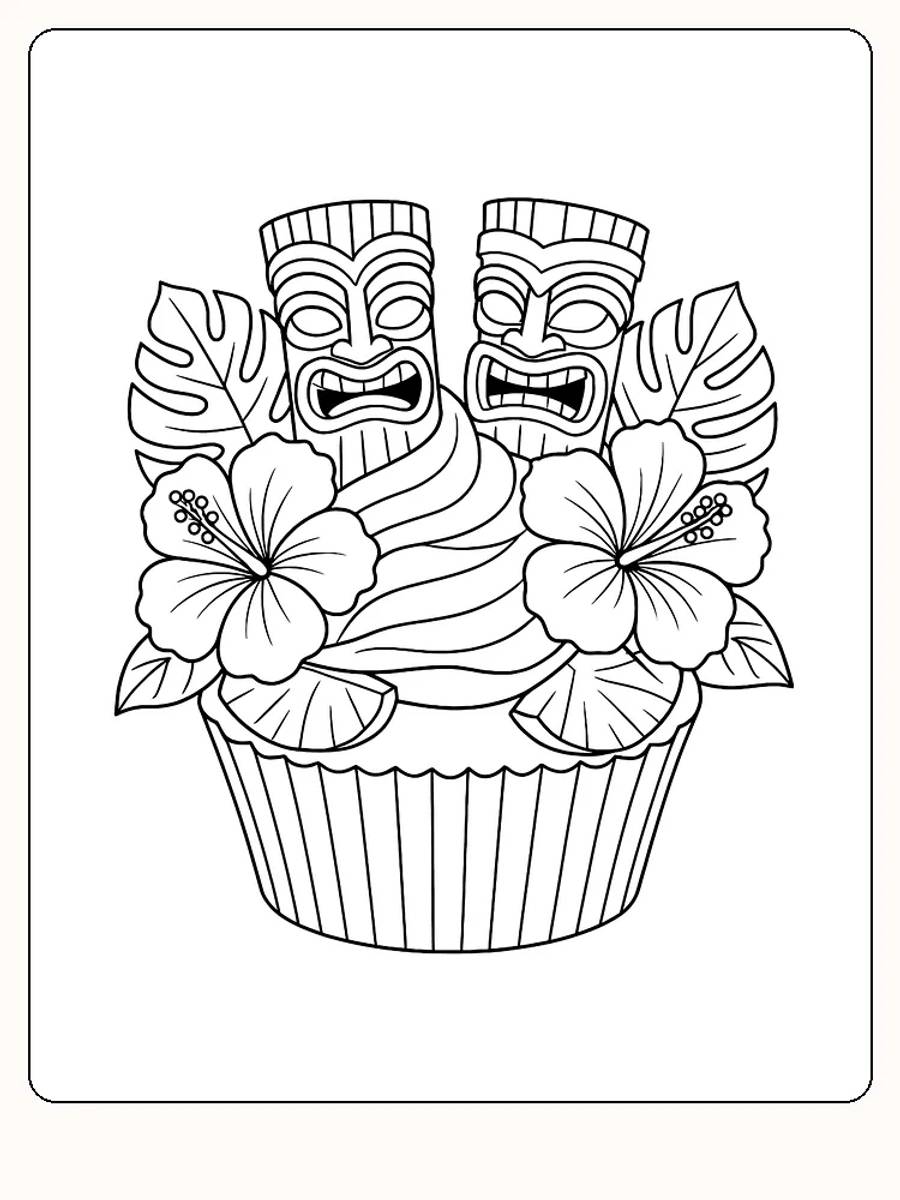 Fargeleggingsbilde av cupcake med tiki-masker og blomster, klar for utskrift og fargelegging
