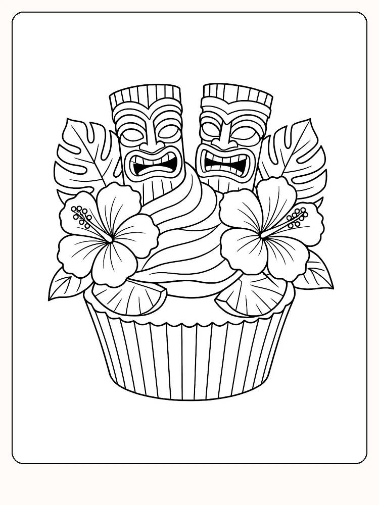 Fargeleggingsbilde av cupcake med tiki-masker og blomster, klar for utskrift og fargelegging