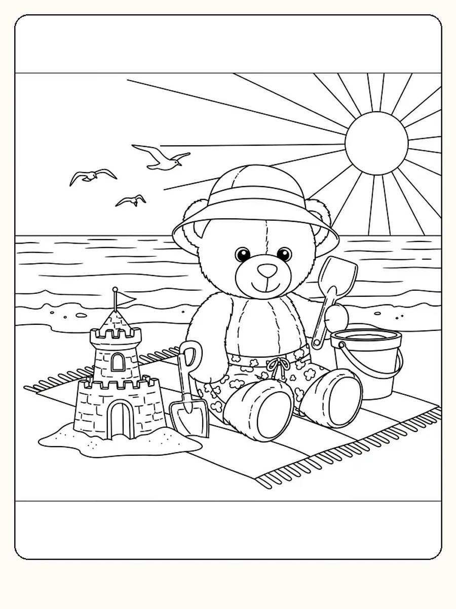 Ausmalbild eines Teddybären am Strand mit Eimer und Sonne