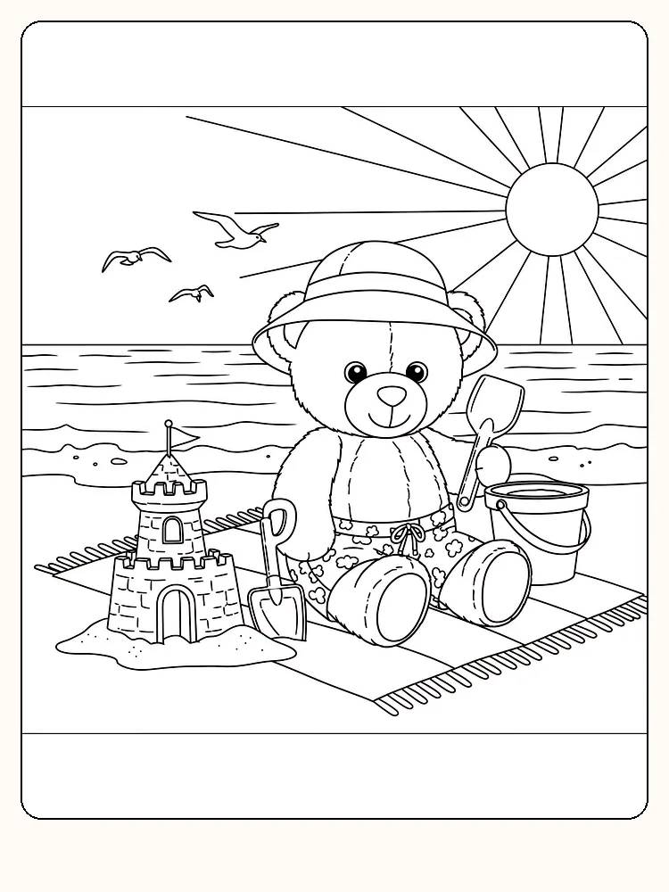 Ausmalbild eines Teddybären am Strand mit Eimer und Sonne