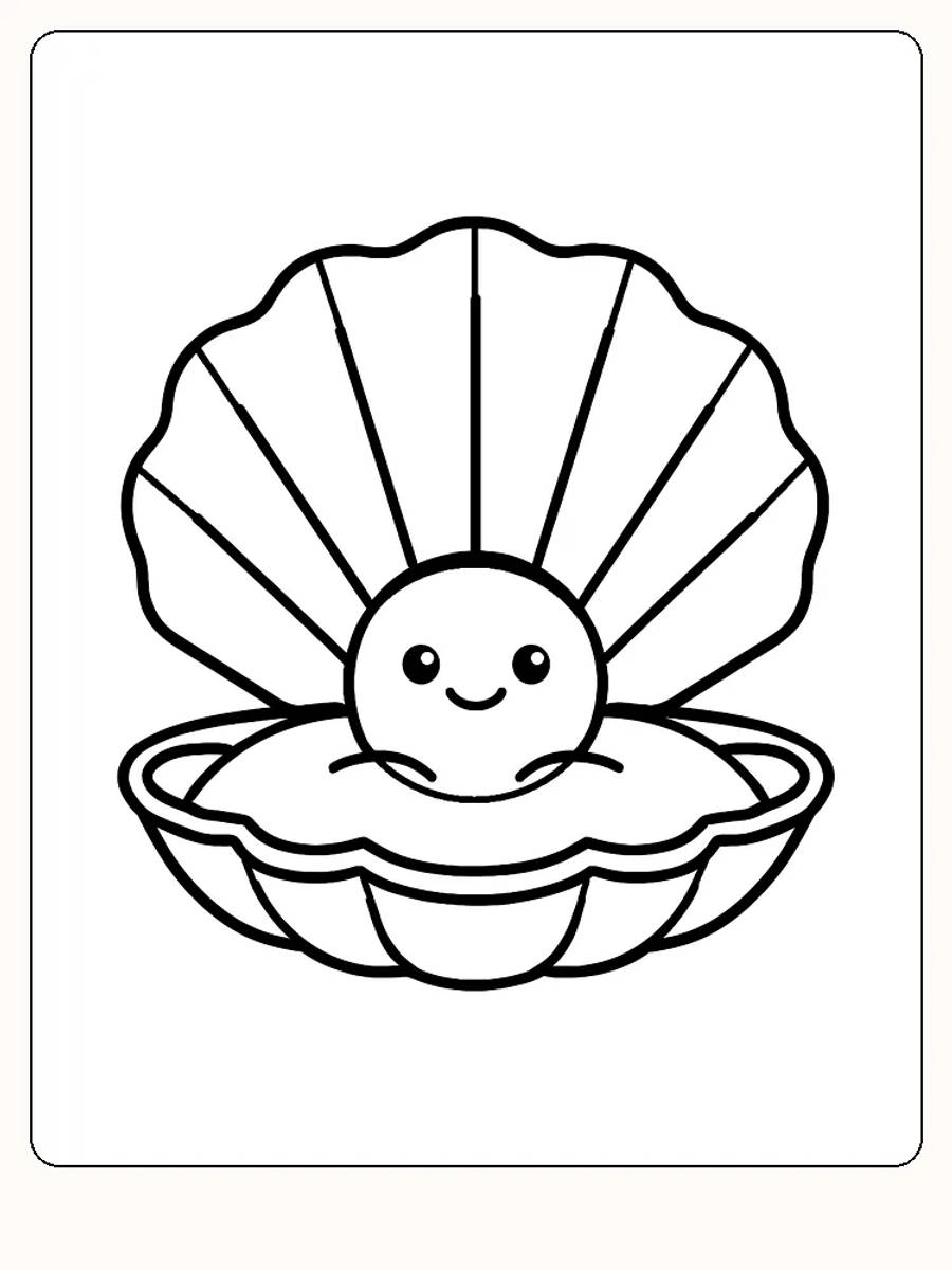 Tegning til farvelægning af en smilende figur, der ligner en sol, og som sidder i en åben musling, klar til farvelægning