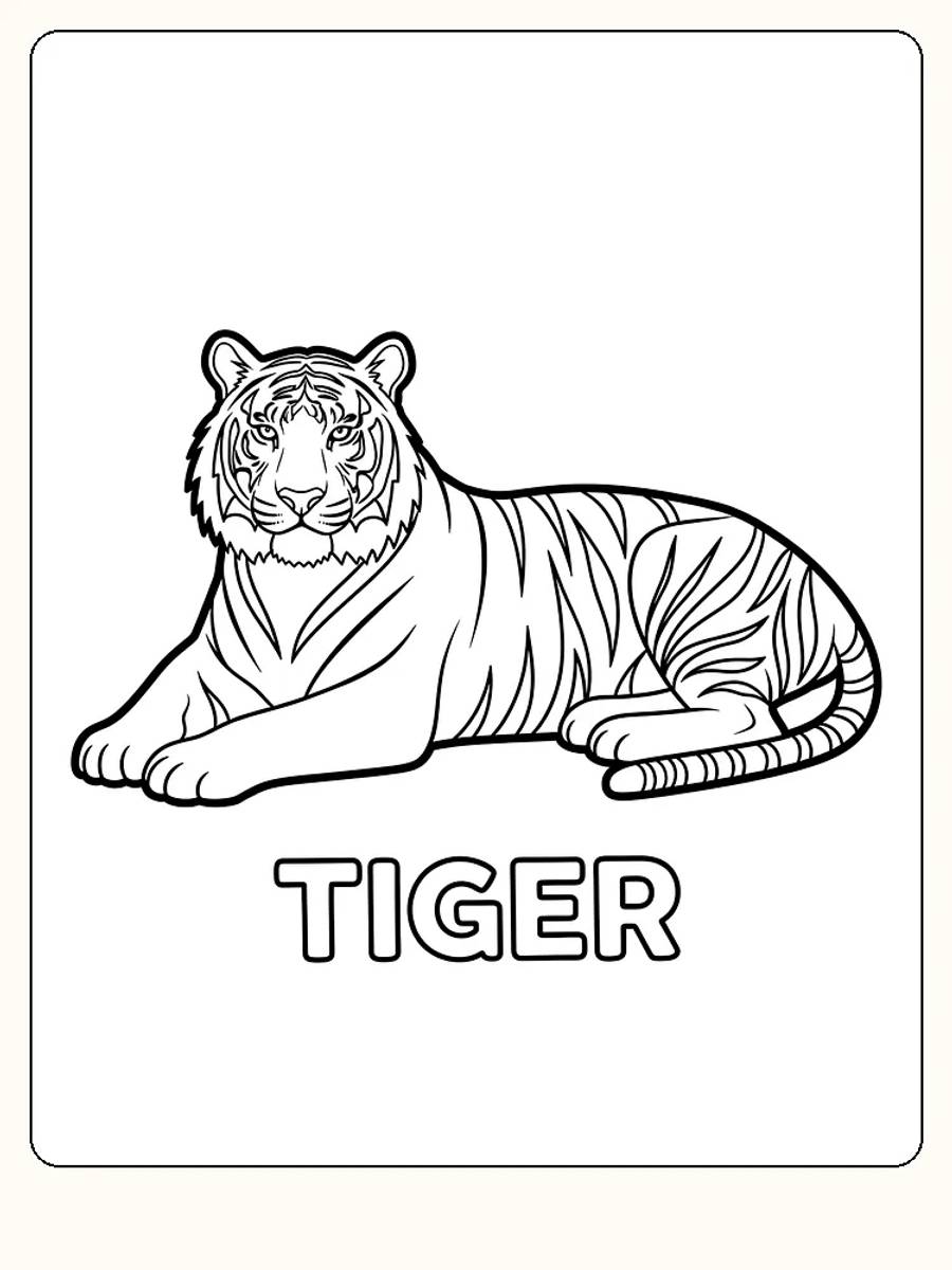 Tegning til farvelægning af en liggende tiger, klar til print og kreativ farvelægning