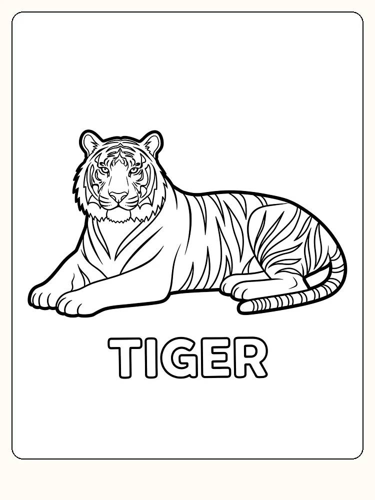 Tegning til farvelægning af en liggende tiger, klar til print og kreativ farvelægning