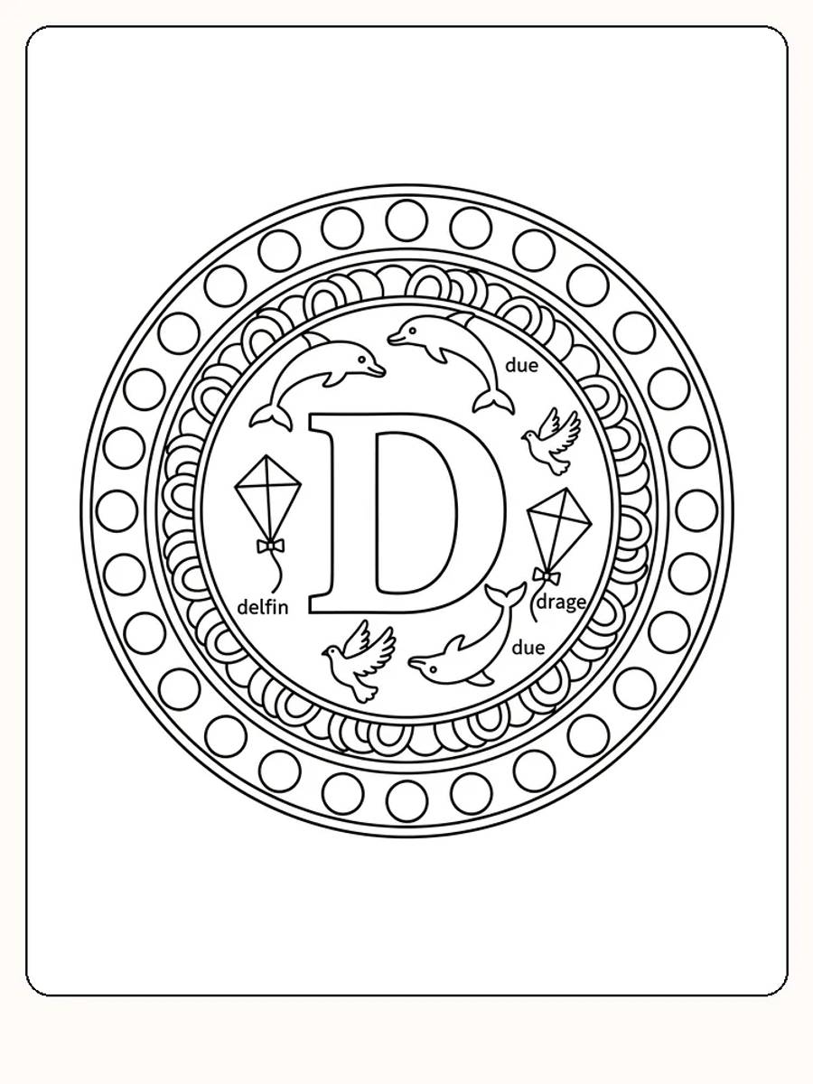 Rundt emblembilde med bokstav D og små tegninger av delfiner, duer og drager for fargelegging