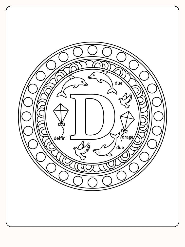 Rundt emblembilde med bokstav D og små tegninger av delfiner, duer og drager for fargelegging