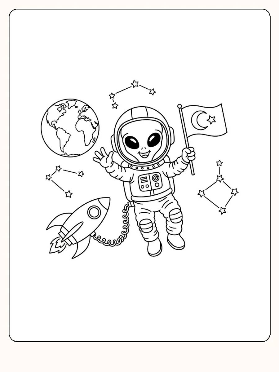 Tegning til farvelægning af rumvæsen i astronautdragt med flag, raket og jordkloden