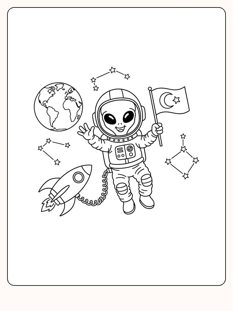 Tegning til farvelægning af rumvæsen i astronautdragt med flag, raket og jordkloden