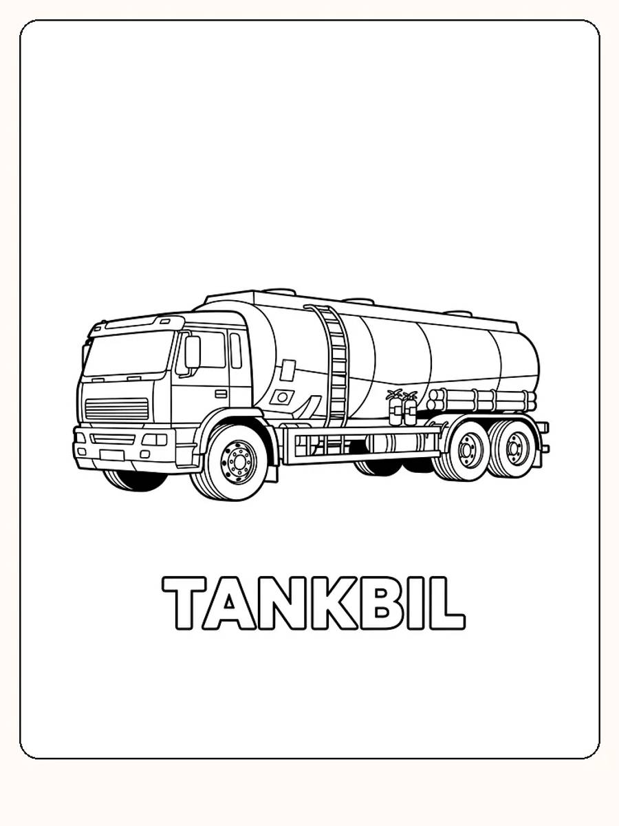 Detaljert fargeleggingstegning av en tankbil, klar for utskrift
