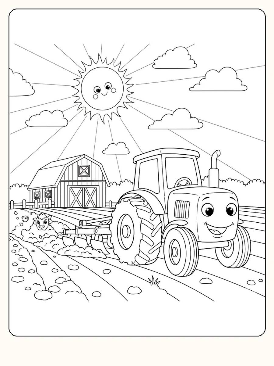 Fargeleggingstegning av en smilende traktor med sol og fjøs, klar for utskrift