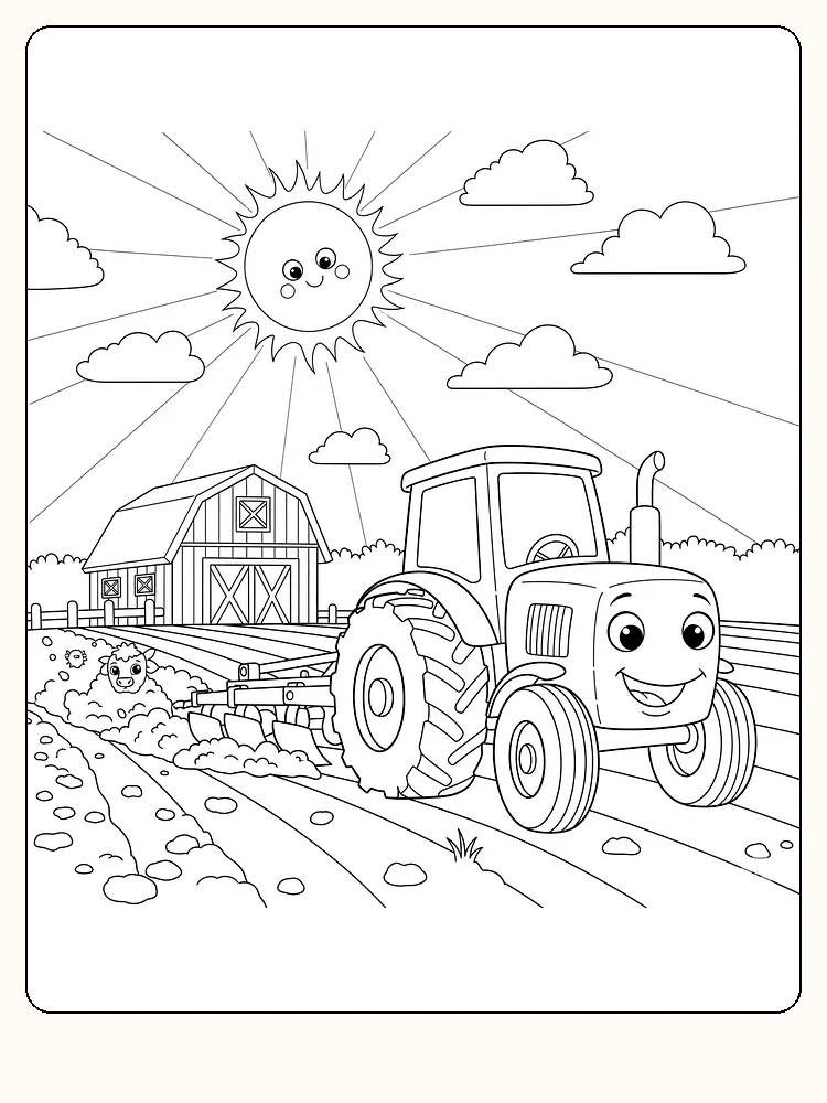 Fargeleggingstegning av en smilende traktor med sol og fjøs, klar for utskrift