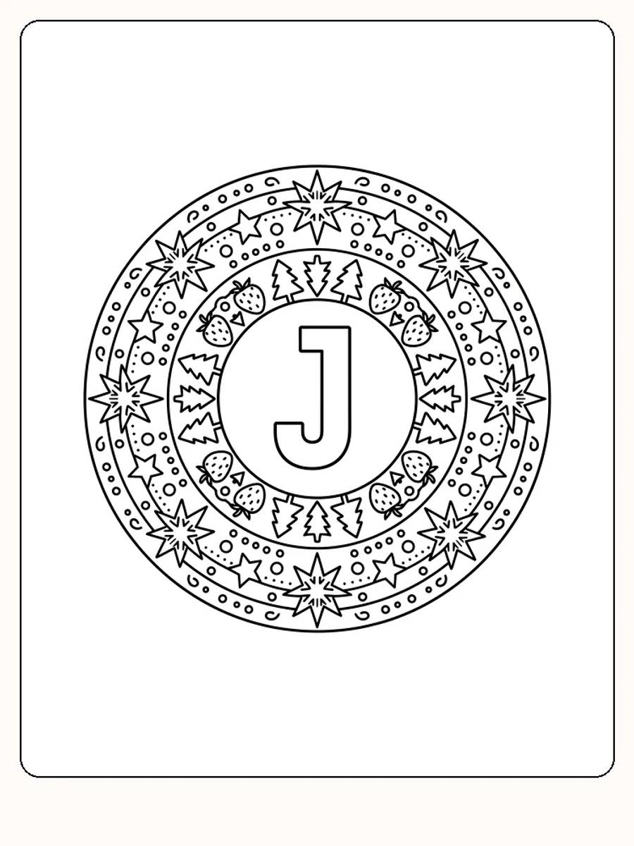 Fargeleggingstegning av julemotiv med sirkel fylt med stjerner, trær og bær